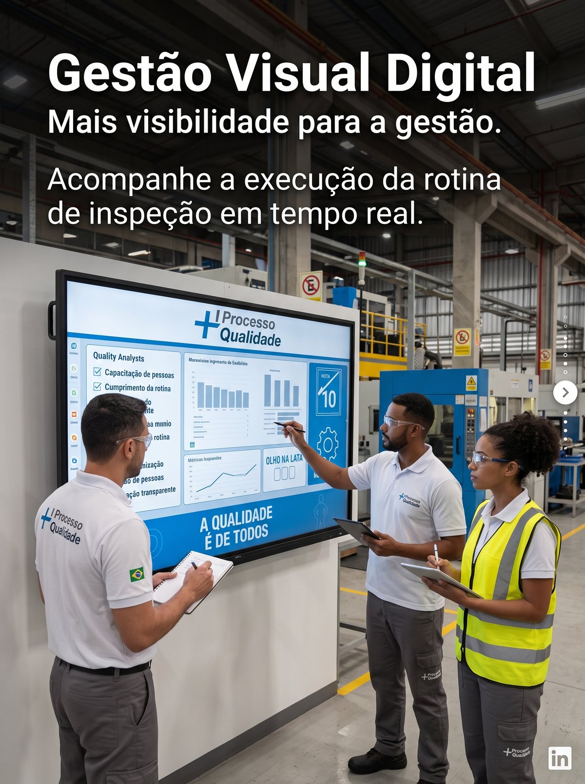 Equipe diante do painel de gestão visual digital no chão de fábrica