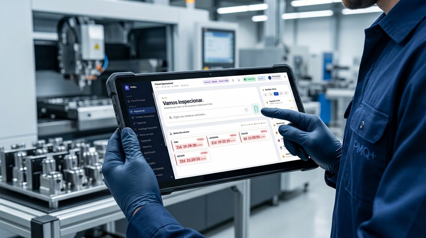 Operador com luvas segurando um tablet com a tela de inspeção do PMQ+ no chão de fábrica