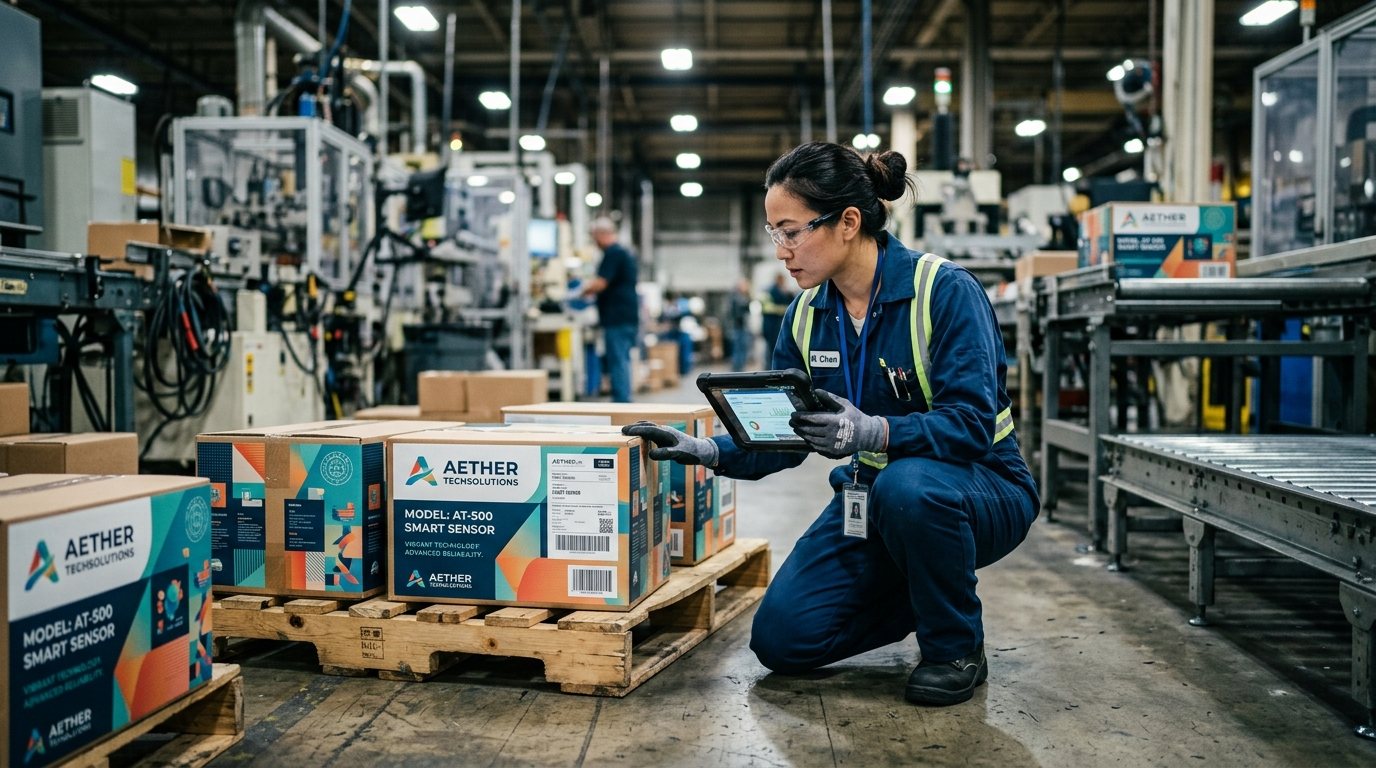 Operadora agachada inspecionando caixas em um pallet com o tablet do PMQ+ na mão