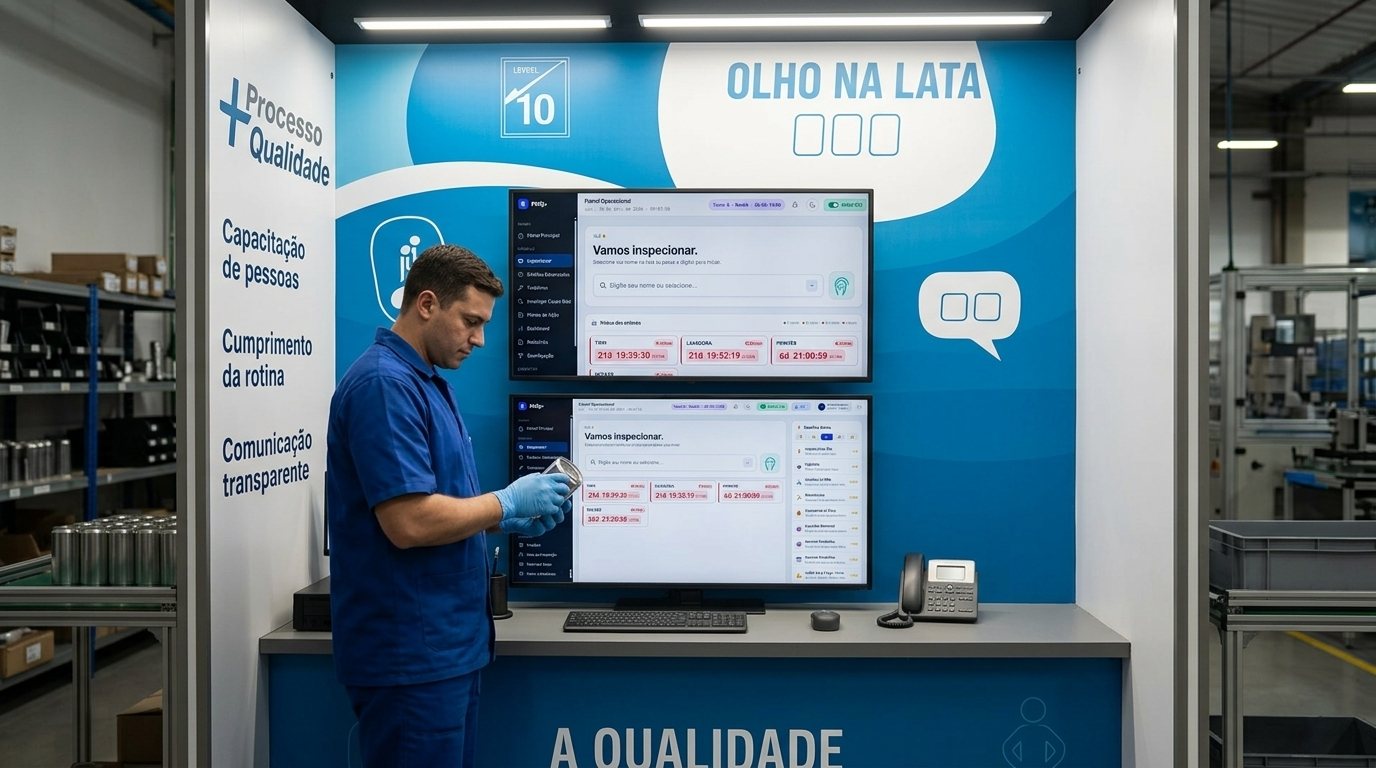 Posto de gestão visual no chão de fábrica com dois monitores exibindo a tela de inspeção do PMQ+