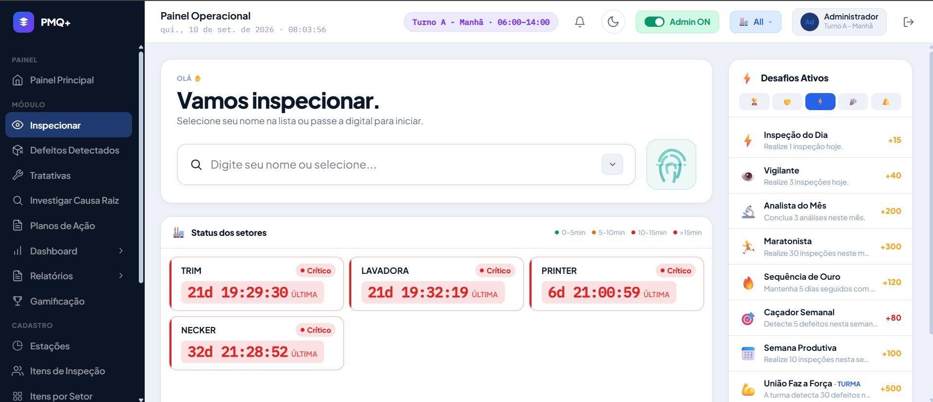 Tela de inspeção do operador — Identificação por nome ou digital, status de cada setor com o tempo desde a última inspeção e desafios do turno à direita.